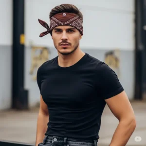 A man confidently wearing a stylish paisley bandana, showcasing cool bandanas for men with a modern edge.