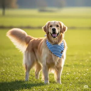 A happy golden retriever wearing a blue and white striped cool dog bandana, ready for adventure.