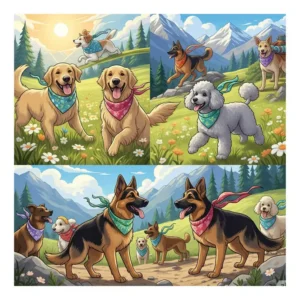 An illustration of dogs enjoying outdoor activities like hiking and playing, all sporting cool dog bandanas.