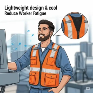 An illustration highlighting the lightweight design of a comfortable and cool safety vest, reducing worker fatigue.