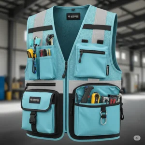Practical pockets and functional design elements on a cool safety vest, perfect for carrying tools and essentials.