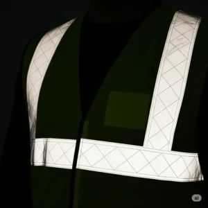 Detail of the highly reflective strips on a cool safety vest, ensuring maximum visibility in low light conditions.