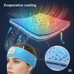 Visual representation of the evaporative cooling process in a cooling band, showing how water evaporating from the fabric creates a refreshing sensation.