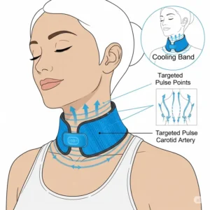 Illustration of a cooling band worn around the neck, demonstrating its ideal placement for targeting key pulse points for effective body cooling.