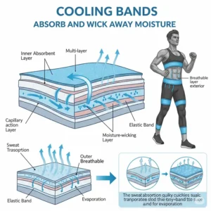 Diagram illustrating how cooling bands absorb sweat and wick away moisture, keeping the wearer dry and cool during exercise.