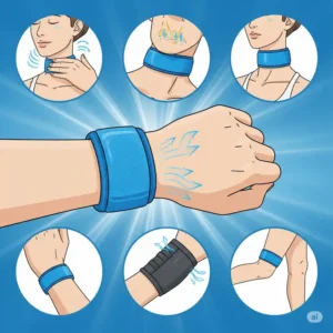 Illustration of a cooling band worn on the wrist, highlighting its versatility for cooling down various parts of the body.