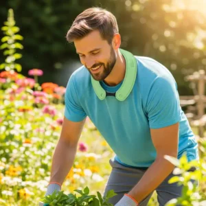 Person wearing a comfortable cooling band around their neck, experiencing instant relief from heat during outdoor activity.