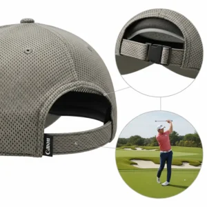 Visual representation of key comfort features in a cooling golf hat, such as adjustable straps, lightweight material, and a soft inner lining.