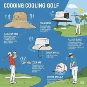 Infographic displaying various styles of cooling golf hats, including wide-brim, bucket, and baseball cap designs, showcasing different options for golfers.