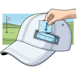 Illustration of a cooling golf hat with a small port or pocket for an ice pack or cooling insert, emphasizing its practical design.