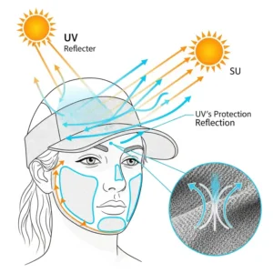 Diagram illustrating how a cooling golf hat provides UV protection for the face and neck, with sun rays bouncing off the hat's surface.
