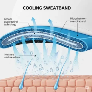 Graphic demonstrating a cooling golf hat's sweatband absorbing perspiration, with droplets showing moisture being wicked away from the skin.