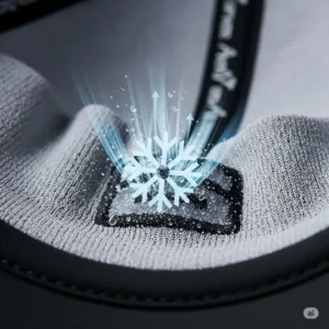Close-up of a cooling golf hat showing the internal fabric with a cooling technology symbol, highlighting its moisture-wicking and evaporative properties.