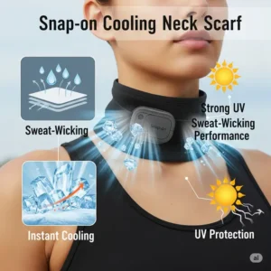 Graphic illustrating key benefits of a snap on cooling neck scarf: sweat-wicking, UV protection, and instant cooling.