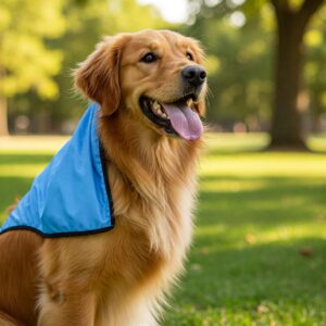 A happy Golden Retriever wearing a blue cooling towel for dogs, panting slightly on a sunny day.