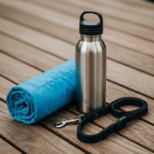 A rolled-up cooling towel for dogs next to a water bottle and leash, suggesting travel use.