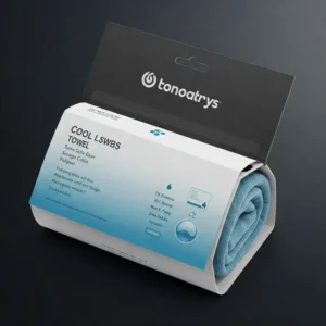 Branded packaging of a cooling towel featuring a logo, highlighting its potential as a corporate gift or promotional item.