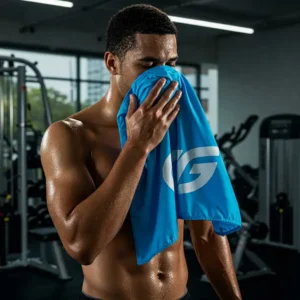 Athlete cooling down with a branded cooling towel after a workout session, highlighting logo visibility.