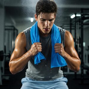Person staying cool during a fitness session with a custom cooling towel around their neck.