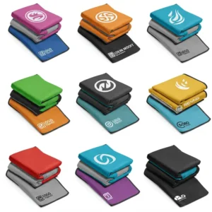 Variety of cooling towels in different colors, each displaying unique logo placement options for promotional use.