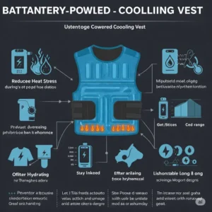 Infographic highlighting the key benefits of using a battery powered cooling vest, such as preventing overheating and improving comfort.