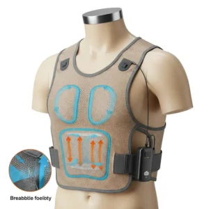 Illustration showcasing the breathable fabric and design features of a battery operated cooling vest for optimal airflow.