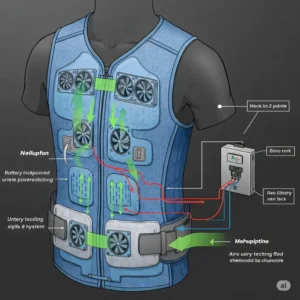 Diagram illustrating the internal cooling technology within a battery powered cooling vest, such as fans or liquid circulation.