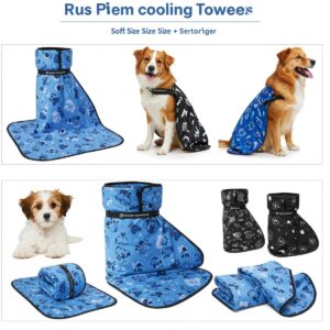 Display of various types of cooling towels available for dogs, including different sizes and materials.