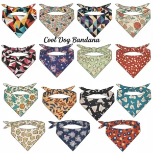 An illustration showcasing a variety of patterns and designs for cool dog bandanas, including geometric, floral, and novelty prints.