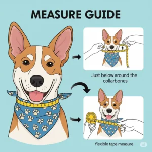An illustration depicting a simple guide for measuring a dog's neck to ensure the perfect fit for a cool dog bandana.