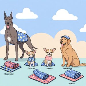Illustration showcasing various sizes of dog cool towels suitable for different breeds.