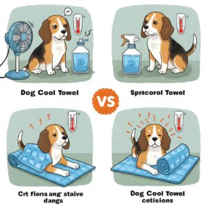 Illustration comparing the effectiveness of a dog cool towel versus other pet cooling methods.