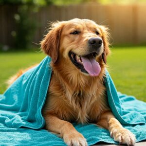 Happy dog cooling off with a refreshing cool towel.