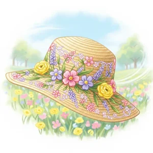 Whimsical illustration showcasing a Sunday afternoon hat adorned with delicate floral patterns, ideal for spring outings.