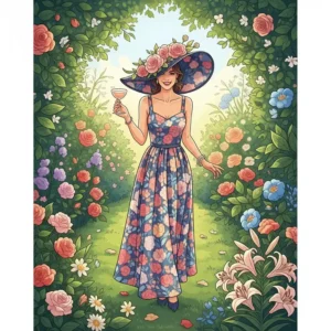 Elegant illustration of a woman in a beautiful garden, wearing a sophisticated Sunday afternoon hat for a garden party.