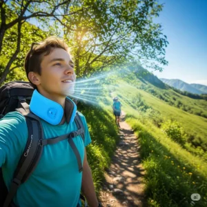 Hiker wearing a snap on cooling neck scarf on a sunny trail, benefiting from portable cooling.