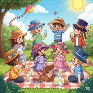 Playful illustration featuring children wearing various colorful Sunday afternoon hats during an outdoor picnic.