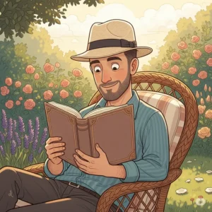 Illustration of a man relaxing outdoors, wearing a comfortable Sunday afternoon hat while reading a book.
