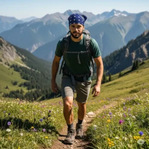 Image of a man with a cool bandana while hiking, demonstrating bandanas for outdoor activities.