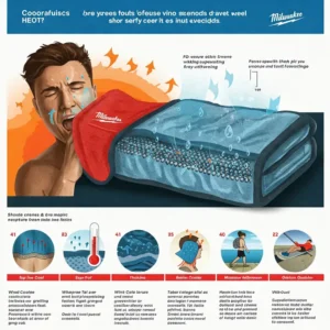 Infographic showing the benefits of a Milwaukee cooling towel, such as rapid cooling and moisture wicking