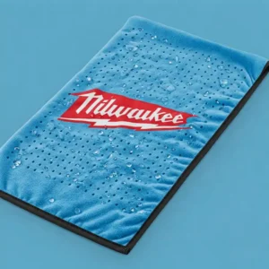 Milwaukee brand logo on a blue cooling towel, showcasing its authenticity