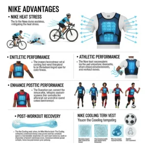 Infographic showing key benefits of the Nike cooling vest, such as reducing heat stress, improving athletic performance, and aiding post-workout recovery.