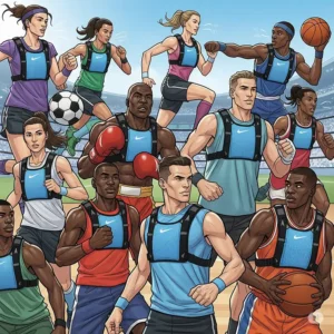 Illustration of diverse male and female athletes wearing Nike cooling vests, demonstrating the unisex design and versatility for various sports and body types.