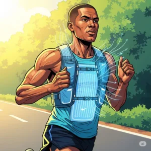 An illustration of a runner wearing a Nike cooling vest during a warm-weather training session, emphasizing its effectiveness in enhancing performance and preventing overheating.