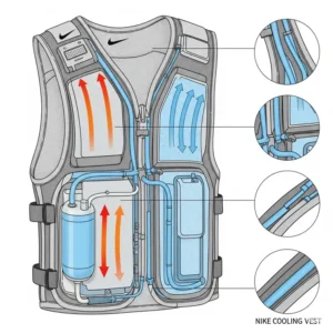 Diagram illustrating the internal structure and layers of a Nike cooling vest, detailing how its components work together for efficient temperature regulation.