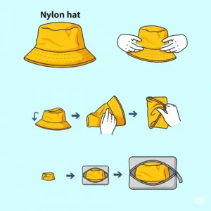 Diagram highlighting key features of a nylon hat, including its wide brim for sun protection, structured crown, and adjustable chin strap.