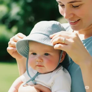 A parent gently placing a breathable baby sun hat on their child, emphasizing the importance of sun safety for infants.