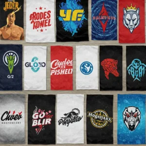 Personalized cooling towels displaying various custom logos and branding, ideal for promotional giveaways.