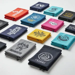 A vibrant display of personalized cooling towels in various colors and sizes.