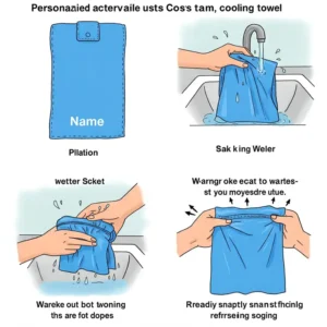 Illustration showing the simple steps to activate a personalized cooling towel by wetting, wringing, and snapping.
